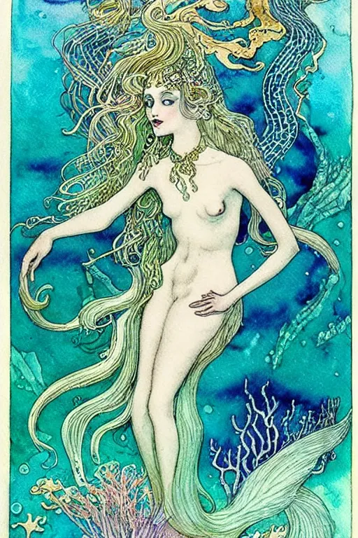 Prompt: alchemical mermaid underwater, fantasy art, art by hans zatzka and walter crane and kay nielsen, watercolor illustration,