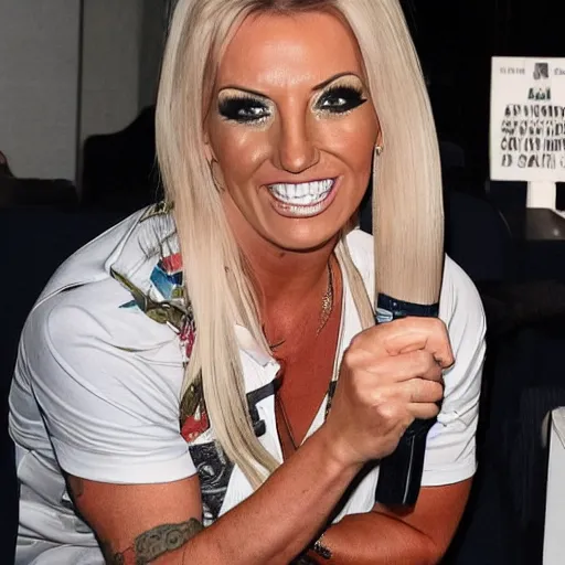 Prompt: jodie marsh aiming a gun at Michael mcintyre & pepper pig tea at the ritz