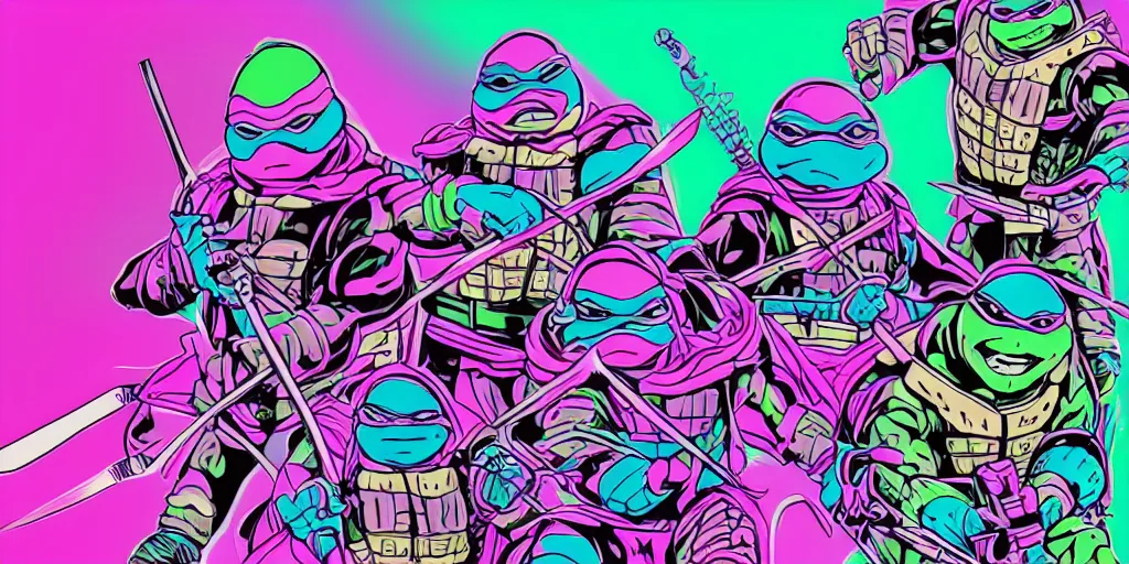 Prompt: vaporwave, vector graphics, ninja turtles, shredder, synthwave, neon