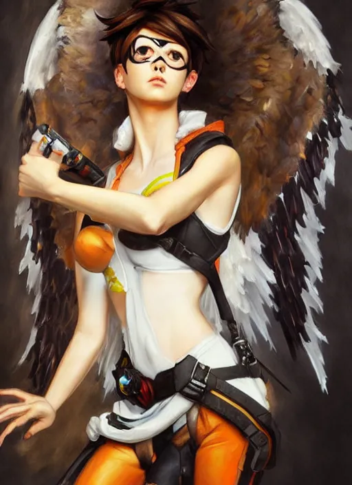 Prompt: full body oil painting of tracer overwatch in the style of sophie anderson, angel wings, black outfit, dramatic painting, wearing steel collar,