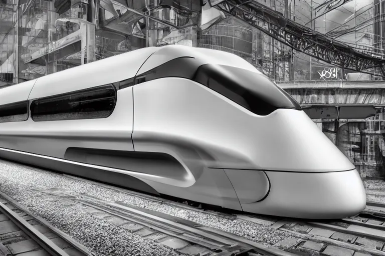 Image similar to futuristic train designed by Apple, XF IQ4, 150MP, 50mm, f/1.4, ISO 200, 1/160s, natural light, Adobe Photoshop, Adobe Lightroom, DxO Photolab, Corel PaintShop Pro, rule of thirds, symmetrical balance, depth layering, polarizing filter, Sense of Depth, AI enhanced