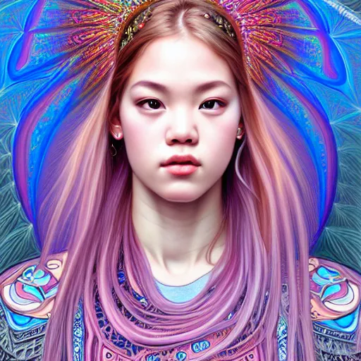 Image similar to portrait of jossi of blackpink, fractal goddess, highly detailed, digital painting, smooth, sharp focus, illustration, ultra realistic, 8 k, art by artgerm and alphonse mucha