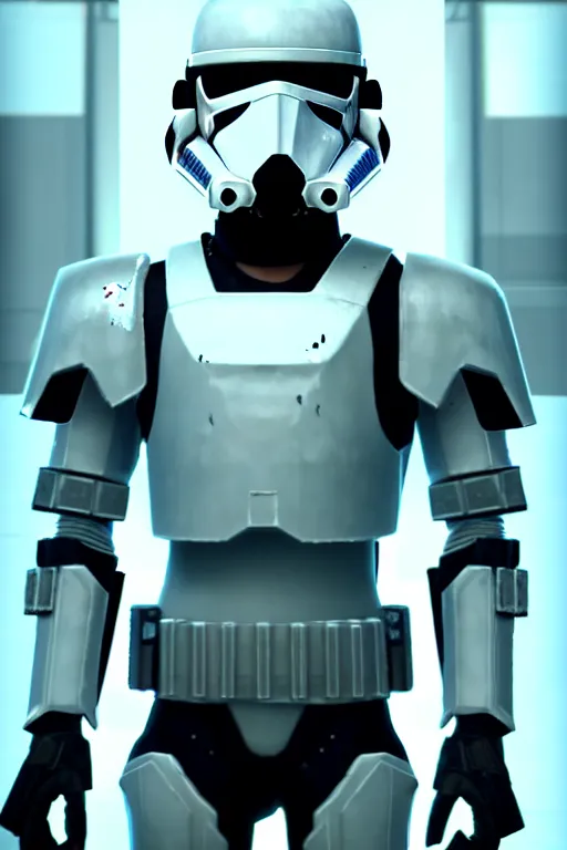 Image similar to futuristic portrait art of an armored cyberpunk stormtrooper, futuristic style stormtrooper, cyberpunk, game screenshot from cyberpunk 2 0 7 7