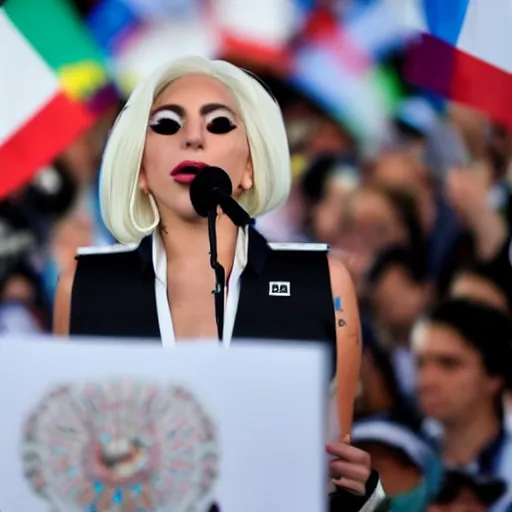 Image similar to Lady Gaga as president, Argentina presidential rally, Argentine flags behind, bokeh, giving a speech, detailed face, Argentina