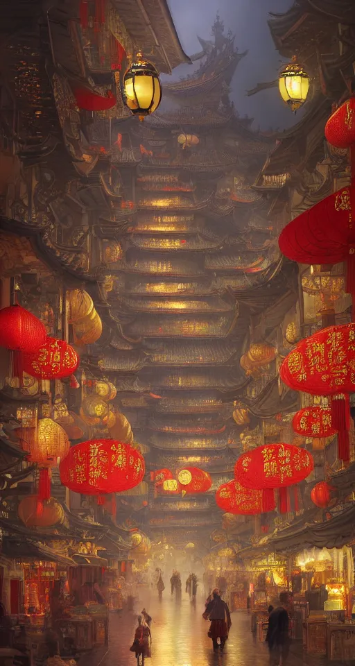 Image similar to epic scenery of a shopping street in the Chinese imperial city, intricate, elegant, volumetric lighting, digital painting, highly detailed, artstation, sharp focus, illustration, concept art, ruan jia, steve mccurry