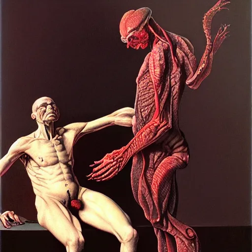 Image similar to portrait of a lizard man removing human skin. Artwork by Caravaggio and by Wayne Barlowe by alexander gierymski