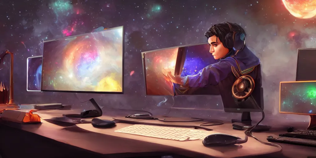 Prompt: a young mage creating a universe in his PC, a male mage in his 20s with black hair wearing headphones sitting in front of wide monitor, hands on a keyboard. hyperrealistic, extremely detailed, award-winning art, trending on Artstation