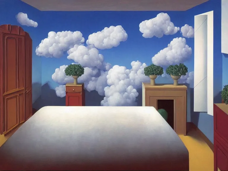 Image similar to room with cloud wallpapers, painting by rene magritte, centered, high detail, high resolution