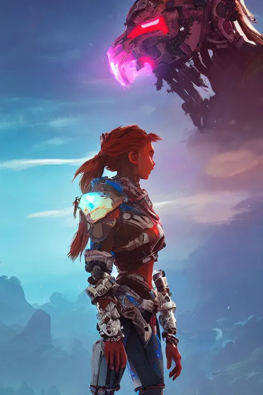 Image similar to combination suit armor aloy horizon forbidden west horizon zero dawn radiating a glowing aura global illumination ray tracing hdr fanart arstation by ian pesty and alena aenami artworks in 4 k tribal robot ninja mask helmet backpack