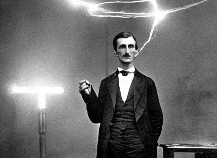 Image similar to Nikola Tesla In an Electric room shocked to the eyes commanding electric current with his hands, award winning Hollywood movie