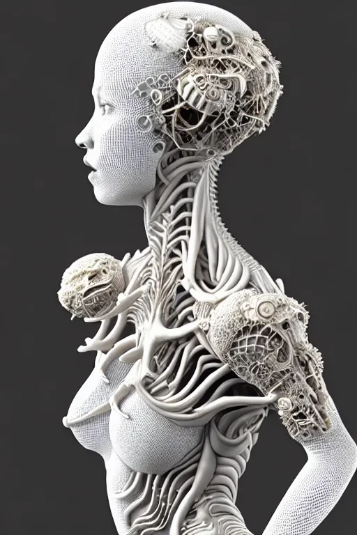 Image similar to bw 3 d render, hyper detailed, stunning beautiful biomechanical albino female cyborg with a porcelain profile face, angelic, beautiful natural soft rim light, big leaves and stems, roots, fine foliage lace, alexander mcqueen, art nouveau fashion embroidered, steampunk, silver filigree details, hexagonal mesh wire, mandelbrot fractal, elegant, 1 9 3 0