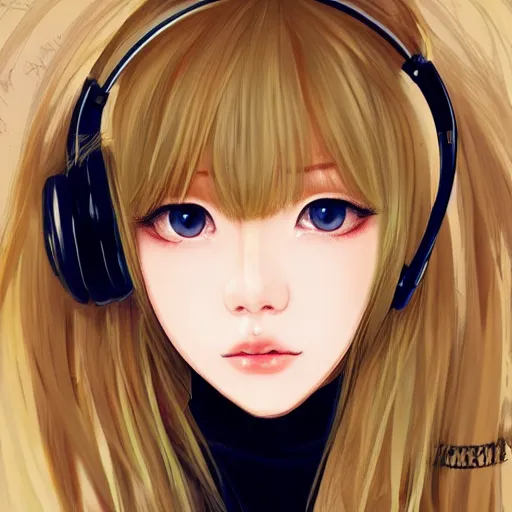 Image similar to realistic beautiful gorgeous natural cute Blackpink Lalisa Manoban blonde hair cute fur blonde cat ears wearing headphones wearing black leather choker in sweaters outfit golden eyes artwork drawn full HD 4K highest quality in artstyle by professional artists WLOP, Taejune Kim, Guweiz, ArtGerm on Artstation Pixiv