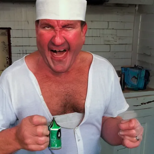 Prompt: a real life popeye the sailor crashing a can of spinach