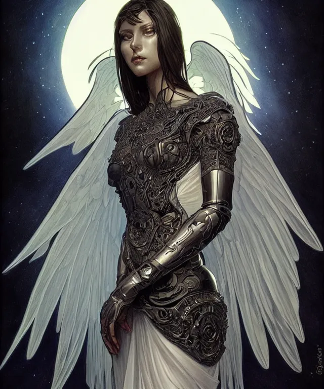 Prompt: beatiful woman turning into a dark angel, dark surrealism , scifi, intricate, elegant, highly detailed, artstation, concept art, smooth, sharp focus, illustration, art by artgerm and moebius and alphonse mucha