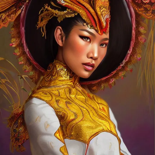 Image similar to portrait of an indonesian supermodels wearing traditional costume, highly detailed, digital painting, artstation, concept art, sharp focus, illustration, art by kittichai rueangchaichan and james gurney and alphonse mucha