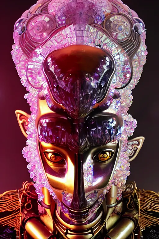 Image similar to asura from chinese myth, ghost, gorgeous and huge head ornaments, dystopian, cyberpunk, organic fractal mycelum and fungi, mecha, halfturn portrait of a big crystal face made of crystals half - turn, ominous, intricate, studio, art by anthony macbain + greg rutkowski + alphonse mucha, concept art, 4 k, sharp focus