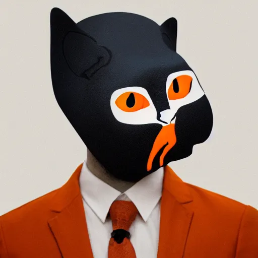 Image similar to high quality picture of a man in a suit wearing a latex mask of a sly looking orange/white tabby cat on a dark bg, lit from below by James Jean, natural lighting