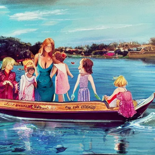 Image similar to lavish by keith parkinson. the experimental art of a group of well - dressed women & children enjoying a leisurely boat ride on a calm day. the women are chatting & laughing while the children play with a toy boat in the foreground.