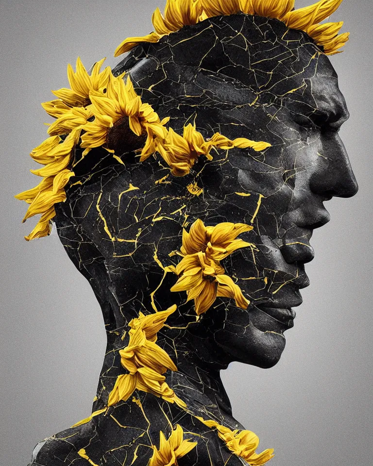 Image similar to symmetrical painting of a fractured obsidian greek statue of a sunflower fixed with kintsugi, rendered in octane trending on cgsociety. extremely detailed and intricate art