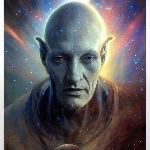 Image similar to hyperrealist portrait of an ancient alien with large cruel intelligent eyes standing in front of a nebula by jeremy mann and alphonse mucha and alan lee, fantasy art, photo realistic, dynamic lighting, artstation, poster, volumetric lighting, very detailed faces, award winning, full face, symmetry