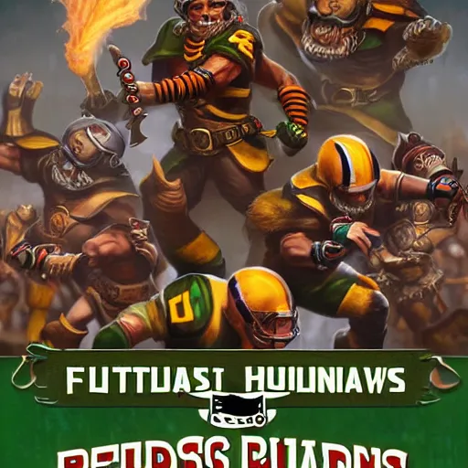 Prompt: blood bowl game finals poster, elves versus humans, nfl style, high quality