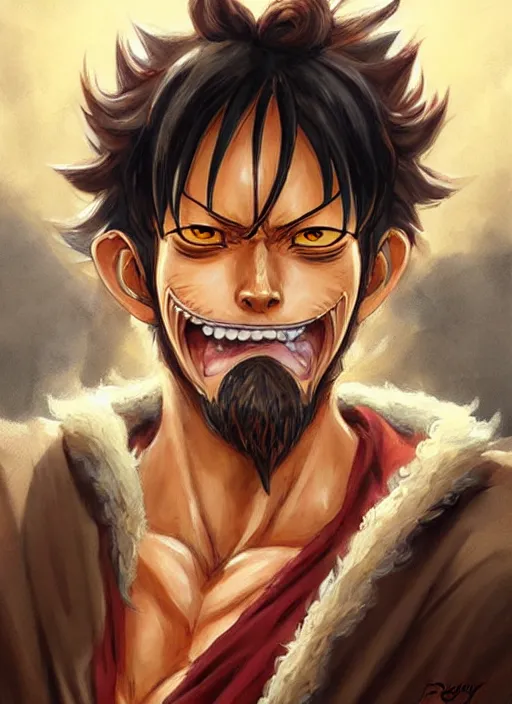 Image similar to luffy as fantasy style portrait painting of brown wavy hair beard rpg dnd oil painting unreal _ 5 _ daz. _ rpg _ portrait _ extremely _ detailed _ artgerm _ greg _ rutkowski _ greg