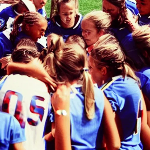 Prompt: Joe Biden as a girls soccer coach in the huddle, smelling their hair