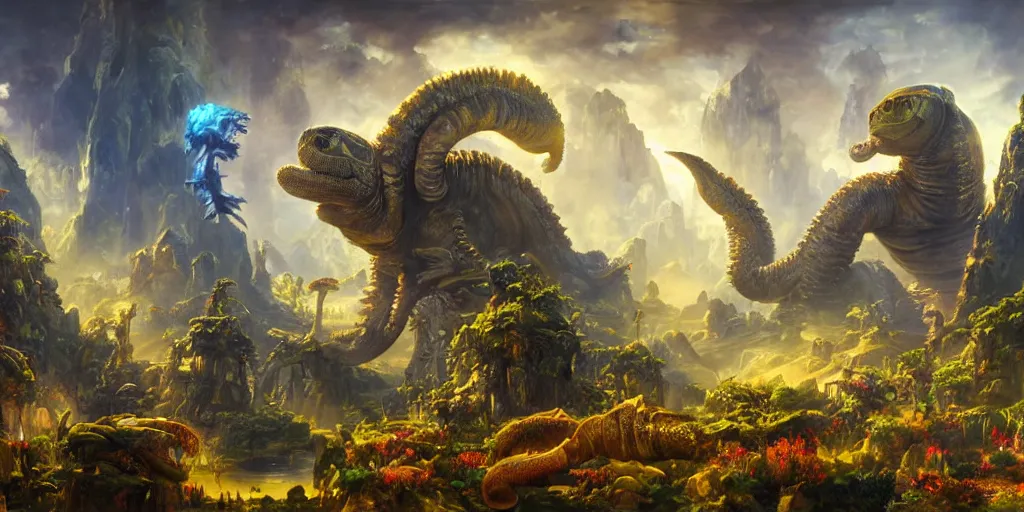 Image similar to fantasy oil painting, great leviathan, cybernetic turtle cephalopod terrapin reptilian pachyderm squid, hybrid, anubis, epic, natural light, lush plants flowers, spectacular mountains, bright clouds, ufo, luminous sky, outer worlds, golden daple lite, craig mullins, michael cheval