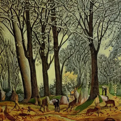 Image similar to lenhadores em uma floresta de arvores secas com pouca neve, pintura de brugel