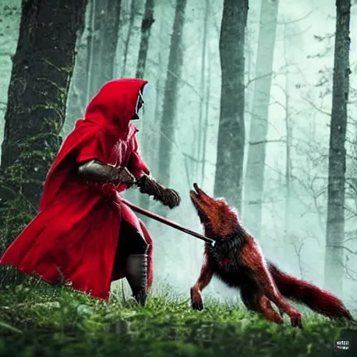 Prompt: photo of red riding hood warrior fending off a werewolf