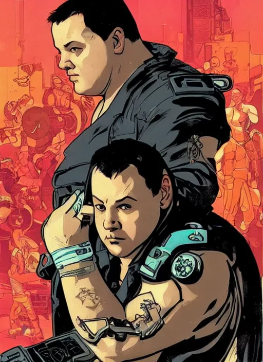 Image similar to cyberpunk paul blart fighting kickboxer. portrait by ashley wood and alphonse mucha and laurie greasley and josan gonzalez and james gurney. spliner cell, apex legends, rb 6 s, hl 2, d & d, cyberpunk 2 0 7 7. realistic face. vivid color. dystopian setting.