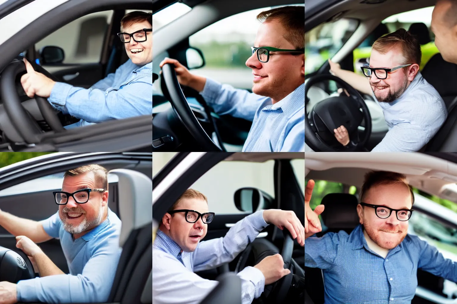 Prompt: A white man with dwarfism and glasses driving a car