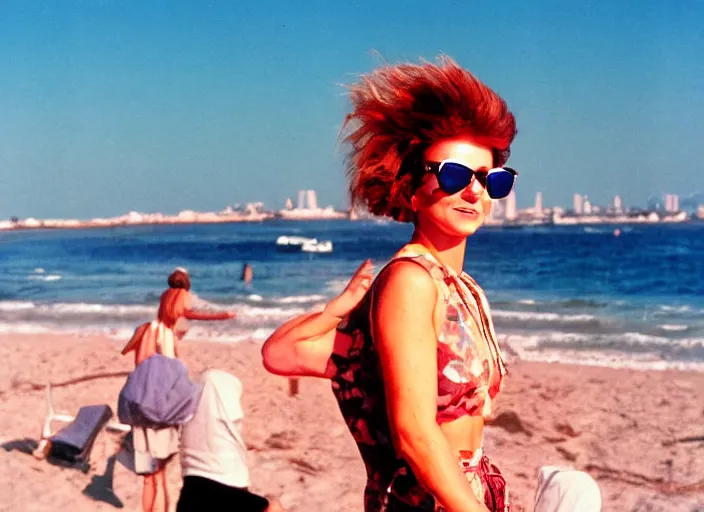 Prompt: color photo of a cool woman wearing sunglasses the 8 0's. beach in the background