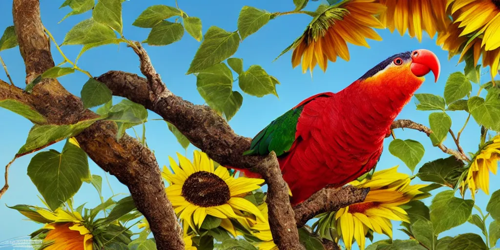 Image similar to an angry red winged parrot sitting in a tree, surrounded by sunflower seeds, high detail, national geographic photorealistic