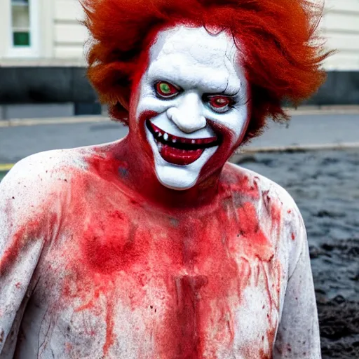 Prompt: Close up photograph of Ronald McDonald emerging from a dirty puddle, white facepaint, red afro, red round nose, yellow jumpsuit!! creepy smile!!!, highly detailed, F32