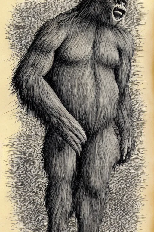Image similar to anatomical encyclopedia illustration of sasquatch, photorealistic, diagram, intricate details