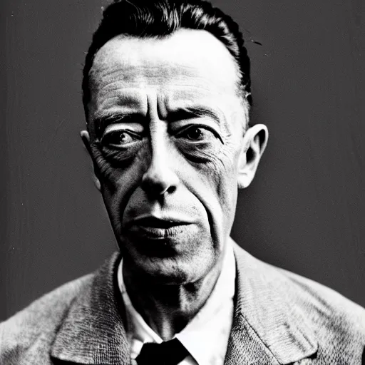 Image similar to 8k black and white photograph portrait of Albert Camus making a silly face. National Geographic. Hilarious.