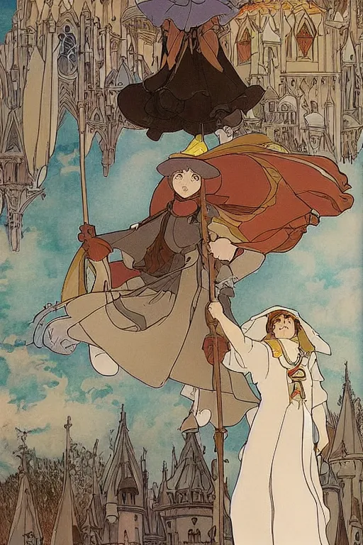 Image similar to A pure white witch wearing a giant hat flies through the skies of a fantasy medieval city on a broomstick by studio ghibli and mucha