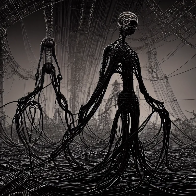 Image similar to ribbed symmetrical surreal abandoned alien religious statue on exoplanet, covered with wires, cables, neon light tubes, in a desolate empty wasteland, creepy, nightmare, dream-like heavy atmosphere, surreal abandoned buildings, beautiful detailed intricate insanely detailed octane render trending on Artstation, 8K artistic photography, photorealistic, chiaroscuro, Raphael, Caravaggio, Beksinski, Giger