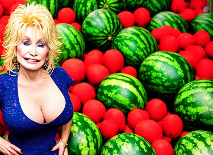 Prompt: studio portrait photo still of 2 0 year old dolly parton!!!!!!!! at age 2 0 2 0 years old 2 0 years of age!!!!!!! surrounded by watermelons, 8 k, 8 5 mm f 1. 8, studio lighting, rim light, right side key light