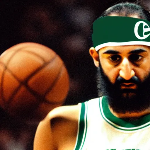 Image similar to facial portrait of osama bin laden shooting free throws, boston celtics jersey, wearing a headband, sweating, focused