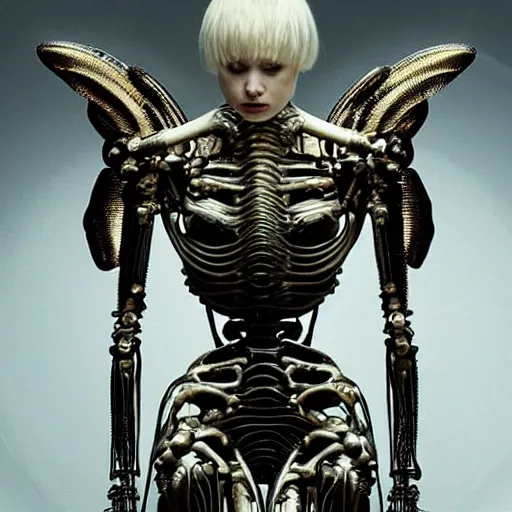 Prompt: still frame from Prometheus movie by Makoto Aida, flying biomechanical angel gynoid by giger, mimicking devil's flower mantis, metal couture by Guo pei, editorial by Malczewski and by Caravaggio