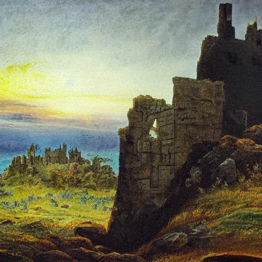 Image similar to a painting of a ruined castle, in the style of caspar david friedrich