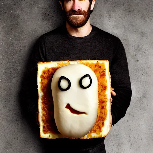 Image similar to food photography of jake gyllenhaal's face fused with halloumi cheese ( ( white halloumi cheese hybrid with jake gyllenhaal face ) ), jake gyllenhaal sentient cheese man, by greg rutkowski