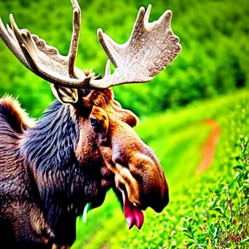 Image similar to a moose has thousands of apples and is very happy about it. it has a extremely happy facial expression. photograph