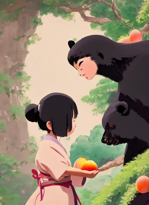 Image similar to painting of a small girl wearing a kimono giving a peach to an anthropomorphic asian black bear, close up, in the style of studio ghibli, heikala, 8 k, raw, featured in artstation, octane render, cinematic, elegant, intricate, 8 k