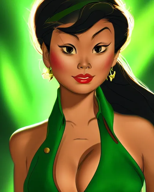 Image similar to alluring heavy filipina woman character portrait, by don bluth, wearing green blazer, sci - fi environment, highly detailed, dynamic shadows, 4 k, wallpaper - 1 0 2 4