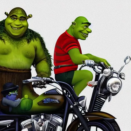 Prompt: Shrek and Saddam Hussain riding a motorcycle, 4k