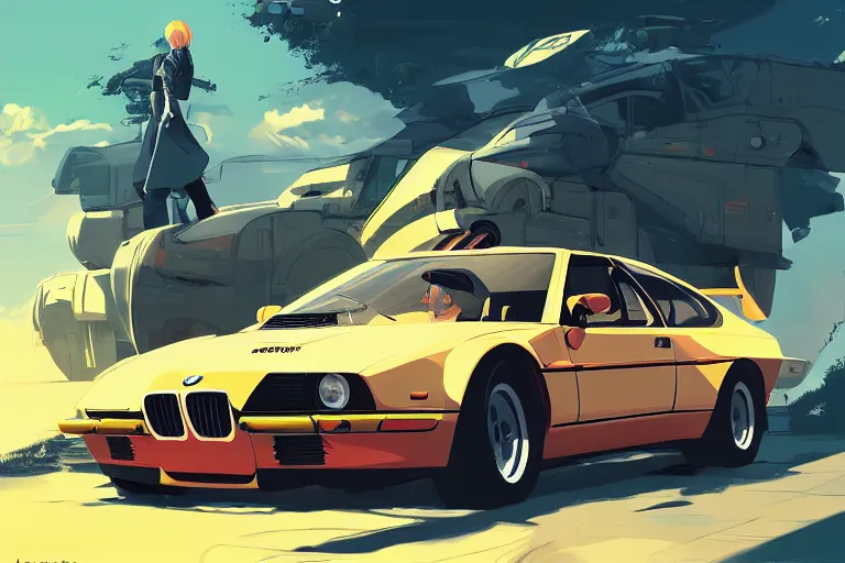 Prompt: digital illustration of bmw m 1 by makoto shinkai, ilya kuvshinov, lois van baarle, rossdraws, basquiat | afrofuturism, in the style of hearthstone