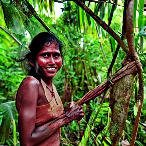 Prompt: sri lankan jungle woman hunter photo